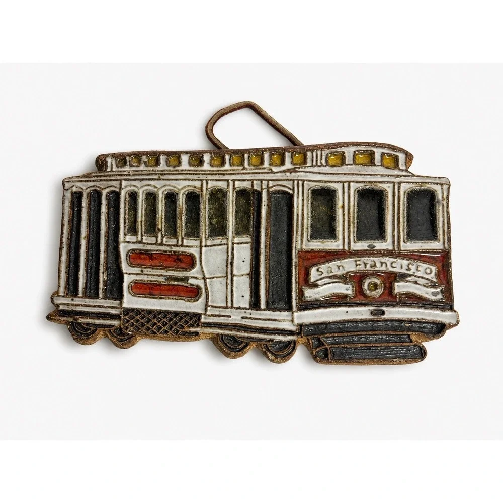 San Francisco Trolley Ceramic Trivet Cork Back Wall Hanging Vintage Souvenir